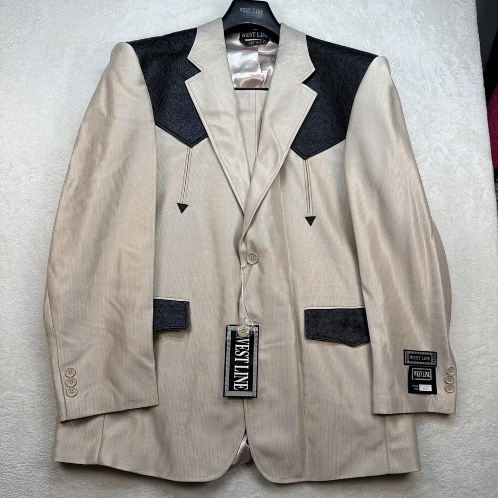 Vintage Western Suit Mens 44R 36 Beige Black Rockabilly Deadstock Set